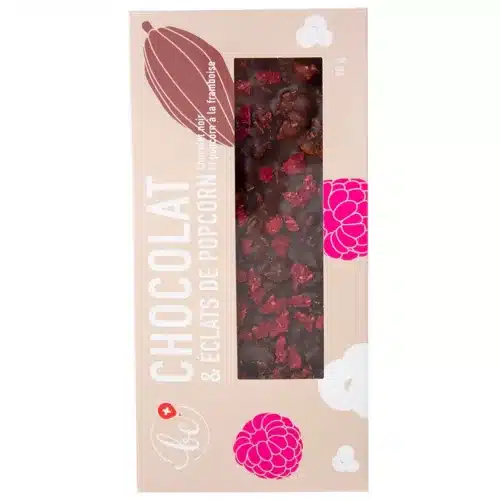 Chocolat noir, framboise et éclats de popcorn