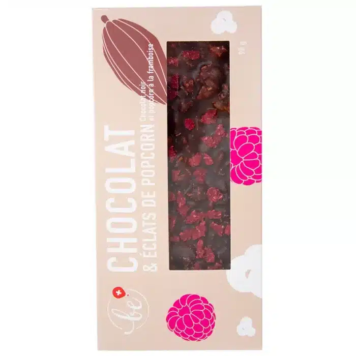 Chocolat noir, framboise et éclats de popcorn