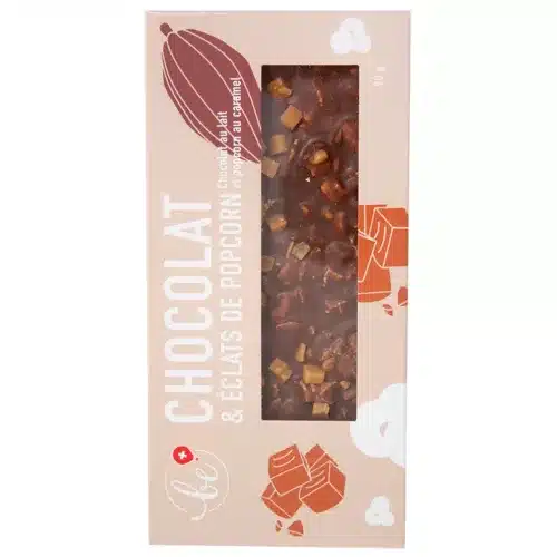 Chocolat au lait, caramel et éclats de popcorn