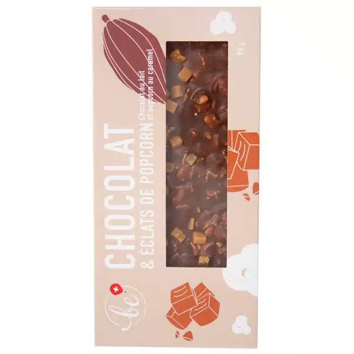 Chocolat au lait, caramel et éclats de popcorn